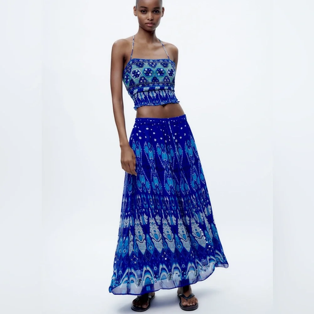 Zara long printed beaded skirt & Top Coord SET